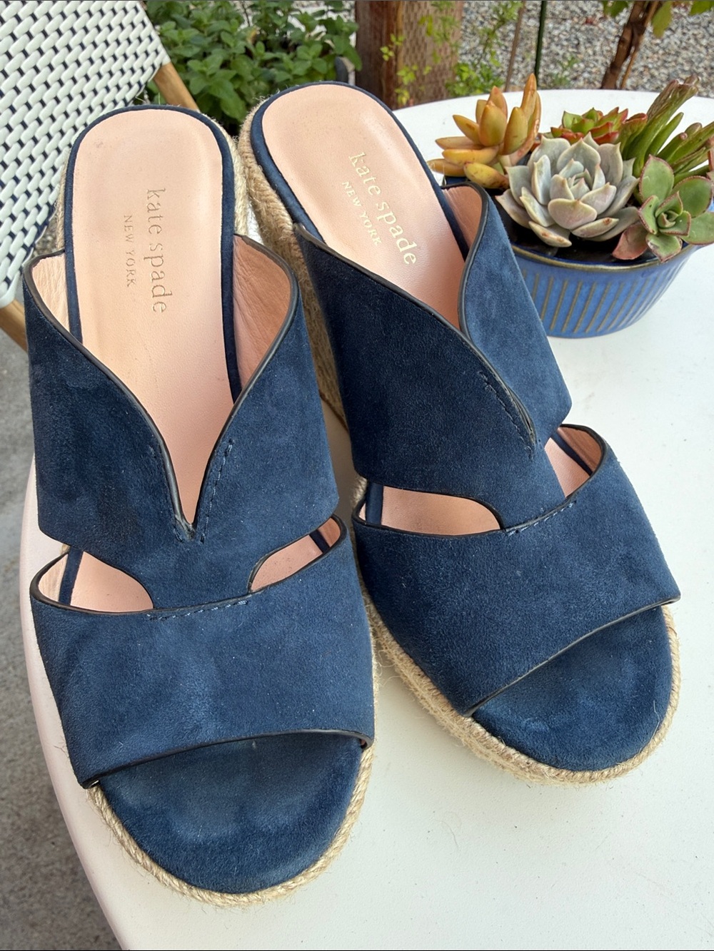 kate spade Navy Suede Espadrille Wedge Slide Sandals
